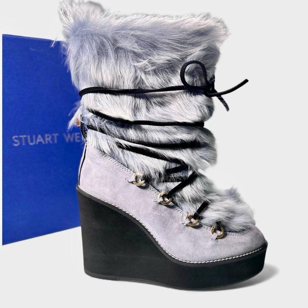 Stuart Weitzman Nikita Fur Wedge Boots 8.5 Blue Leather Suede Shearling Lace Up